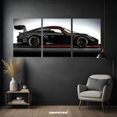 Porsche 911 GT3 R poster set featuring a black race car displayed in three panels on a dark wall
